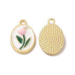 Alloy Enamel Pendants with ABS Plastic Pearl Beaded, Nickle Free, Oval with Flower Charms, Light Gold, 20x13x3mm, Hole: 2mm(ENAM-O050-06G)