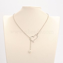 Alloy Silver Color Plated Heart Lariat Necklaces, with Glass Pearl Beads, Iron Cable Chains and Zinc Alloy Lobster Claw Clasps, Creamy White, 20.2 inch(NJEW-JN01010-01)