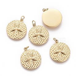 Ion Plating(IP) 304 Stainless Steel Pendants, with Jump Rings, Textured, Flat Round with Star, Golden, 17.5x15x3mm, Hole: 2.6mm(X-STAS-F256-002G)