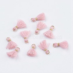 Nylon Tassels Pendant Decorations, Mini Tassel, with Golden Tone Iron Findings, Pink, 10.5~14.5x2.5~3mm, Hole: 2mm(STAS-F142-05J)