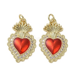 Brass Micro Pave Clear Cubic Zirconia Pendants, with Enamel, Sacred Heart, Real 16K Gold Plated, 25.5x16x2.5mm(KK-H466-05G-02)