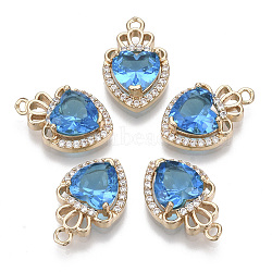 Glass Pendants, with Micro Pave Cubic Zirconia and Brass Open Back Settings, Faceted, Heart with Crown, Light Gold, Deep Sky Blue, 17.5x11.5x5.5mm, Hole: 1.4mm(X-GLAA-T021-14B)
