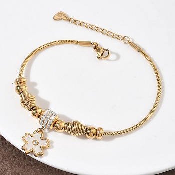 European Style Polymer Clay Rhinestones & 201 Stainless Steel & Natural Shell Charm Bracelets, 304 Stainless Steel Snake Bracelets for Women, Ion Plating(IP), Real 18K Gold Plated, Flower, 7-5/8 inch(19.4cm)