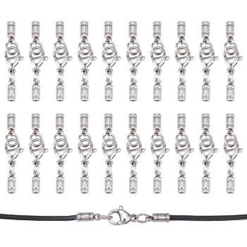 20 Sets 304 Stainless Steel Lobster Claw Clasps, with Cord Ends, Stainless Steel Color, 30mm