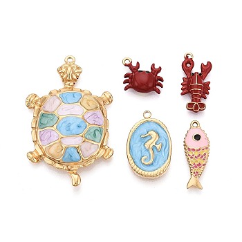 5Pcs Sea Animals 304 Stainless Steel Enamel Pendants, Turtle/Shrimp/Fish/Oval & Sea Horse/Crab Charms, Ion Plating(IP), Real 18K Gold Plated, Mixed Shapes, 12.5~47x9~30x2~6mm, Hole: 1.2~1.7mm