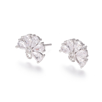 Brass Cubic Zirconia Stud Earring Findings, with Loop, Flower, Clear, Platinum, 15mm, Pin: 0.7mm