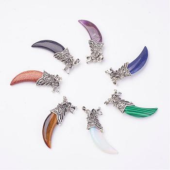 Natural & Synthetic Mixed Stone Big Pendants, with Alloy Findings, Tusk Shape, Antique Silver, 58x19x9mm, Hole: 4x5mm
