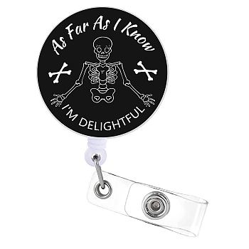 Flat Round ABS Plastic Badge Reel, Retractable Badge Holder, Funny As Far As I Know I'm Delightful Alligator Clip, Skull Pattern, 82x33mm