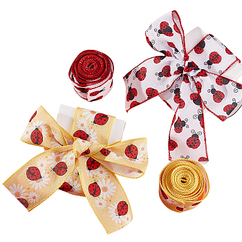 2 Rolls 2 Patterns Insect Theme Polyester Ribbon, for Scene Decoration, Gift Wrapping, Ladybug/Bees Pattern, Red, Ladybug Pattern, 2-1/2 inch(63mm), about 6 yards/roll, 1 roll/pattern