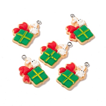 Christmas Theme Opaque Resin Pendants, with Platinum Tone Iron Findings, Gift Box, Lime Green, 29x20x5mm, Hole: 2mm
