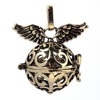 Rack Plating Brass Cage Pendants, For Chime Ball Pendant Necklaces Making, Hollow Round with Wing, Antique Bronze, 30x31x21mm, Hole: 3.5x8mm, inner measure: 19mm
