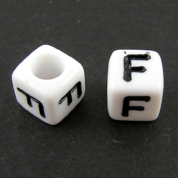 Letter Acrylic European Beads, Horizontal Hole, Cube, Letter.F, 10x10x10mm, Hole: 3.5~4mm, about 598pcs/500g