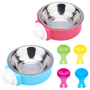 AHANDMAKER 8Pcs 4 Colors Plastic Food Scoop, with 2 Sets 2 Colors PP Crate Dog Bowl, Removable Stainless Steel Hanging Pet Cage Bowl Food & Water Feeder Coop Cup, Mixed Color, Scoop: 2pcs/color, Bowl: 1 set/color