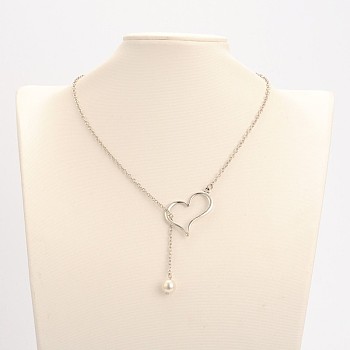 Alloy Silver Color Plated Heart Lariat Necklaces, with Glass Pearl Beads, Iron Cable Chains and Zinc Alloy Lobster Claw Clasps, Creamy White, 20.2 inch