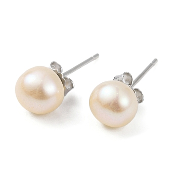 Natural Pearl Round Bead Stud Earrings, with Real Platinum Plated 925 Sterling Silver Findings, Blanched Almond, 16x6~7mm