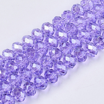 Baking Paint Glass Beads Strands, Pearl Luster Plated, Faceted, Rondelle, Lilac, 6x4.5mm, Hole: 1mm, about 87~90pcs/strand, 17.13 inch(43.5cm)