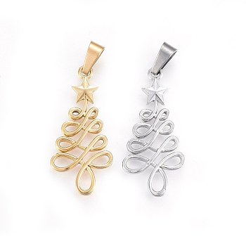 304 Stainless Steel Pendants, Christmas Tree with Star, Mixed Color, 33x16x2mm, Hole: 7x4mm