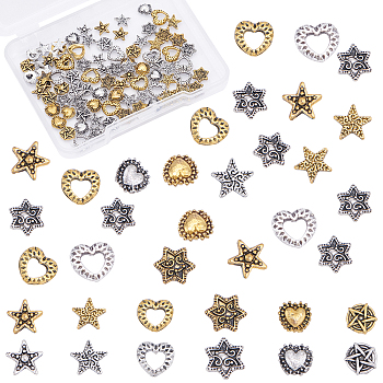 Olycraft Retro Style Alloy Cabochons, Nail Art Decoration Accessories, DIY Crystal Epoxy Resin Material Filling, Heart & Star, Antique Silver & Antique Golden, 120pcs/box