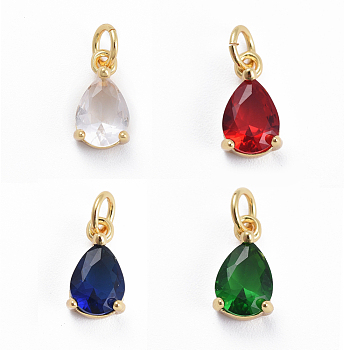 Brass Micro Pave Cubic Zirconia Pendants, with Jump Ring, Teardrop, Golden, Mixed Color, 11.5x6.5x4mm, Hole: 3mm
