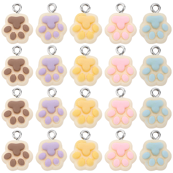 30Pcs 5 Colors Opaque Resin Paw Print Pendants, Cat Claw Charms with Platinum Tone Iron Loops, Mixed Color, 16x12x6mm, Hole: 1.8mm, 6pcs/color