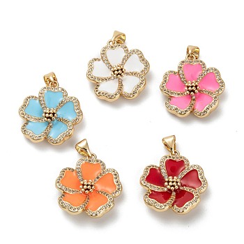 Real 18K Gold Plated Brass Micro Pave Clear Cubic Zirconia Beads Pendant, with Enamel, Long-Lasting Plated, Flower, Mixed Color, 22x20x5mm, Hole: 5x3mm