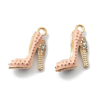 2Pcs Alloy Enamel Stilettos Pendants, Cadmium Free & Lead Free, with Rhinestone, High-heeled Shoes, Light Gold, Pink, 17.5x14x6mm, Hole: 2mm