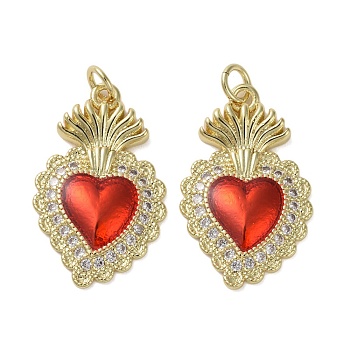 Brass Micro Pave Clear Cubic Zirconia Pendants, with Enamel, Sacred Heart, Real 16K Gold Plated, 25.5x16x2.5mm