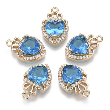 Glass Pendants, with Micro Pave Cubic Zirconia and Brass Open Back Settings, Faceted, Heart with Crown, Light Gold, Deep Sky Blue, 17.5x11.5x5.5mm, Hole: 1.4mm