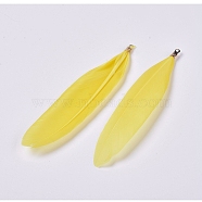 Goose Feather Big Pendants, with Iron Fold Over Cord Ends, Yellow, 86x17x3mm, Hole: 1mm(X-IFIN-WH0051-73)