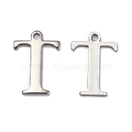 304 Stainless Steel Alphabet Charms, Stainless Steel Color, Letter.T, 12x8.5x1mm, Hole: 1mm(STAS-H122-T-P)
