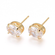 Brass Stud Earrings, with 316 Surgical Stainless Steel Pin and Clear Cubic Zirconia, Oval, Long-Lasting Plated, Real 18K Gold Plated, 15.5x8mm, Pin: 0.7mm(EJEW-L245-002G)