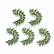 Brass Micro Pave Cubic Zirconia Pendants, Light Gold, Long-Lasting Plated, Cadmium Free & Lead Free, Willow Branch, Green, 24x17x3mm, Hole: 1.2mm(KK-S359-002C-RS)