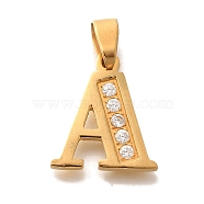 Ion Plating(IP) 304 Stainless Steel Rhinestone Pendants, Letter A, 17~19x10.5~18x2mm, Hole: 6.5x3.5mm(STAS-U035-01G-A)