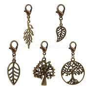 5Pcs 5 Styles Autumn Leaf & Tree Alloy Pendants Decorations Set, with Iron Findings and Alloy Lobster Clasp, for Keychain, Purse, Backpack Ornament, Antique Bronze, 45mm, 1pc/style(HJEW-JM00825)