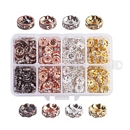 Brass Rhinestone Spacer Beads, Grade AAA, Wavy & Straight Flange, Rondelle, Mixed Color, 11x7x3cm, 25pcs/color, 200pcs/box(RB-JP0002-04)