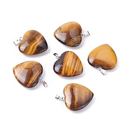 Natural Tiger Eye Pendants, with Platinum Tone Brass Findings, Heart, 27~28x24.5~26x6~8.5mm, Hole: 2.4x5.6mm(G-G956-B42-FF)