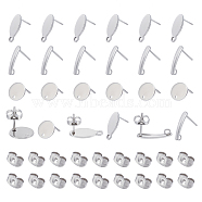 Unicraftale 60Pcs 3 Style 304 Stainless Steel Stud Earring Findings, with Loop and Flat Plate, with 40Pcs Ear Nuts/Earring Backs, Flat Round & Teardrop & Oval, Stainless Steel Color, 10~15.5x3~10x0.8mm, Hole: 1~1.6mm, Pin: 0.8mm, 20pcs/style(STAS-UN0031-06)