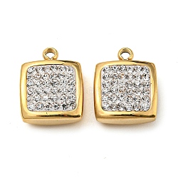 304 Stainless Steel Pendants, with Crystal Rhinestone, Square Charm, Real 14K Gold Plated, 12x9.5x4.5mm, Hole: 1.4mm(STAS-L022-153G)