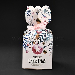 Christmas Theme Paper Fold Gift Boxes, with Ribbon, for Presents Candies Cookies Wrapping, White, Gingerbread Man Pattern, 8.8x8.8x18cm(CON-G012-03A)