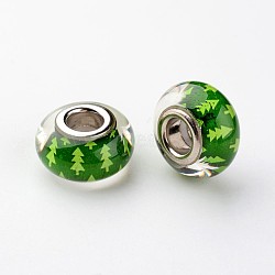Large Hole Rondelle Resin European Beads, with Platinum Tone Brass Double Cores, Christmas, Green, 14x8mm, Hole: 5mm(RPDL-H003-23)