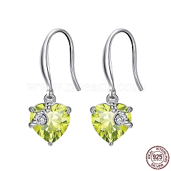 Cubic Zirconia Heart Dangle Earrings, Real Platinum Plated Rhodium Plated 925 Sterling Silver Earrings for Women, Yellow Green, 26mm(EJEW-P231-46P-08)