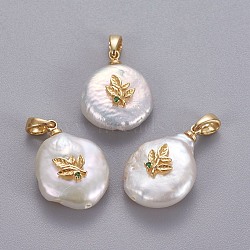 Natural Cultured Freshwater Pearl Pendants, with Brass Micro Pave Cubic Zirconia Findings, Nuggets with Leafy Branches, Long-Lasting Plated, Golden, Green, 17~27x12~16x6~12mm, Hole: 4x2.5mm(KK-L187-06G)