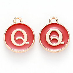 Golden Plated Alloy Enamel Charms, Cadmium Free & Lead Free, Enamelled Sequins, Flat Round with Letter, Red, Letter.Q, 14x12x2mm, Hole: 1.5mm(X-ENAM-S118-03Q)
