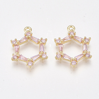 Brass Cubic Zirconia Pendants, Nickel Free, Real 18K Gold Plated, Hexagon, Pink, 19x15x2.5mm, Hole: 1.4mm
