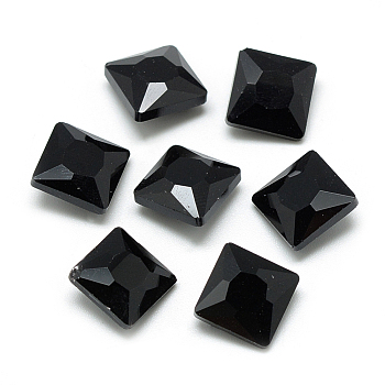 Pointed Back Glass Rhinestone Cabochons, Back Plated, Faceted, Square, Black, 8x8x3.5mm