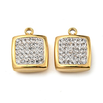 304 Stainless Steel Pendants, with Crystal Rhinestone, Square Charm, Real 14K Gold Plated, 12x9.5x4.5mm, Hole: 1.4mm