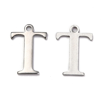 304 Stainless Steel Alphabet Charms, Stainless Steel Color, Letter.T, 12x8.5x1mm, Hole: 1mm