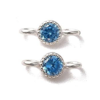 925 Sterling Silver Pave Cubic Zirconia Connector Charms, Half Round Links with 925 Stamp, Silver Color Plated, Dodger Blue, 8.5x3.5x2.5mm, Hole: 1.5mm