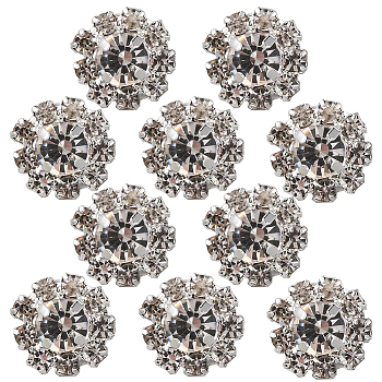 10Pcs Alloy Rhinestone Shank Button for Garment Accessories, Flower, Silver, 11.5x8mm, Hole: 1.4mm