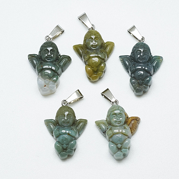 Natural Indian Agate Pendants, with Stainless Steel Snap On Bails, Angel, Platinum, 26~28x18~20x8~9mm, Hole: 7.5x4mm